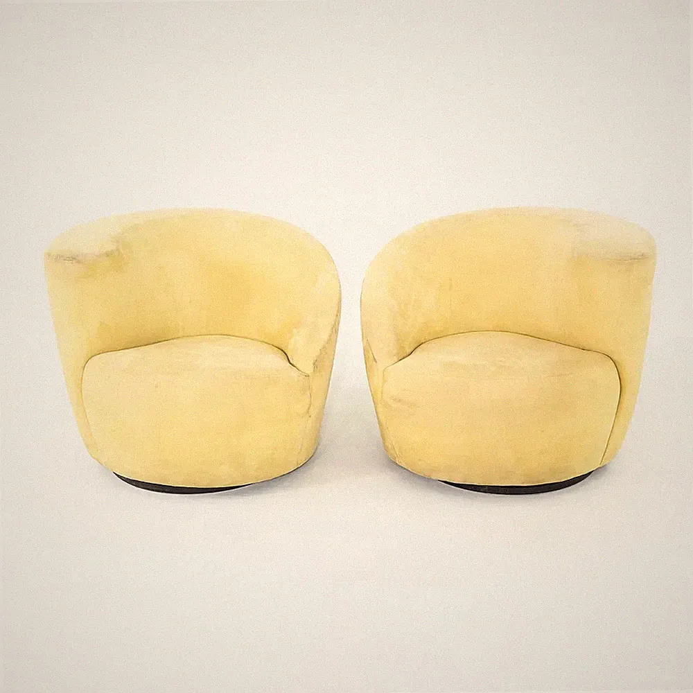 1980s Vladimir Kagan Directional Nautilus Swivel Lounge Chair Yellow 2x Avail