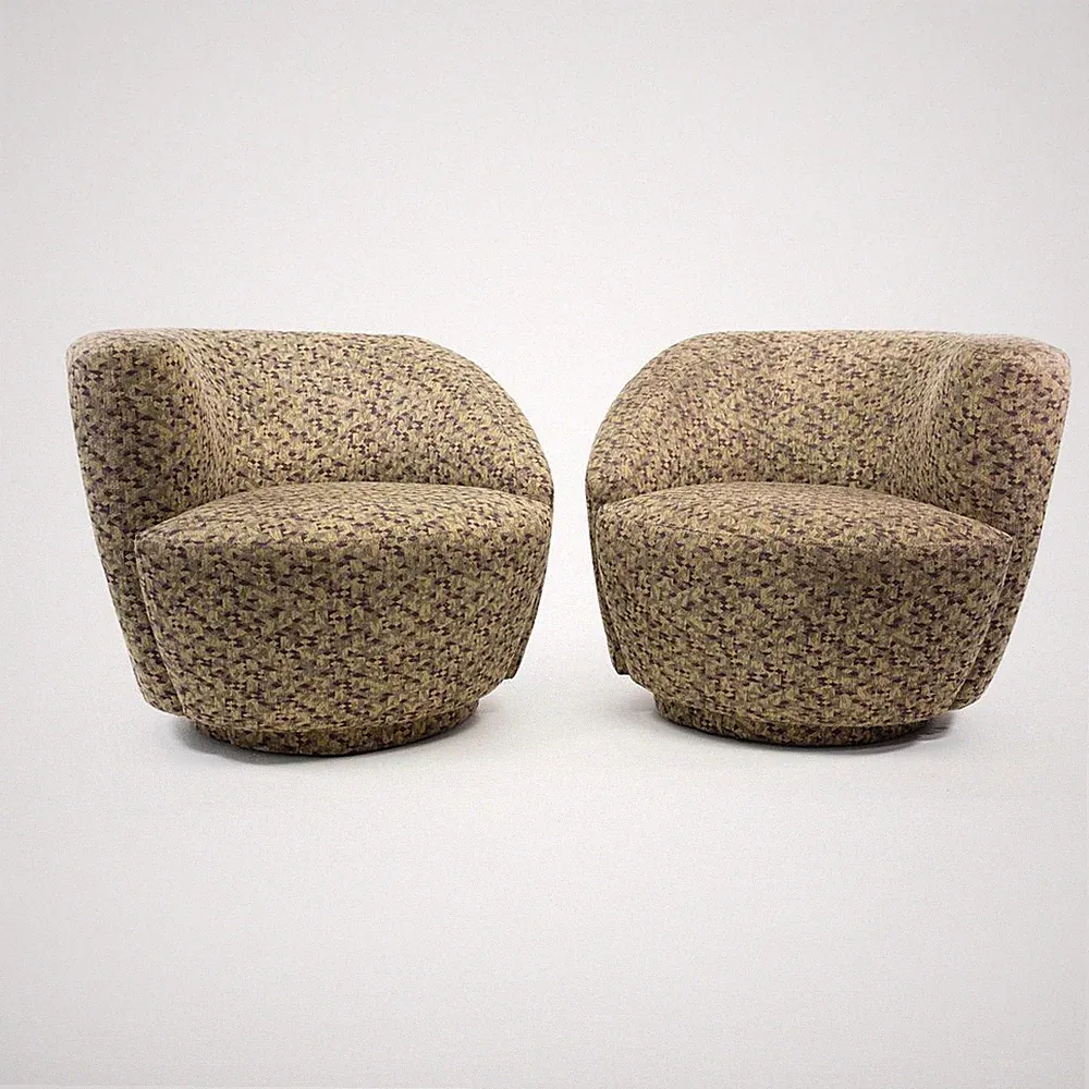 1990s Pair of Vladimir Kagan Style Nautilus Swivel Chairs with Patterned Fabric