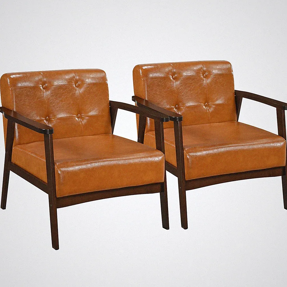 2PCS Accent Chair Button Tufted Mid-century Modern Lounge Chair with Armrest