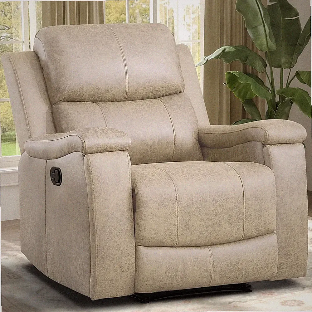 Beige Leather Manual Recliner Chair with Cup Holders and Overstuffed Comfort
