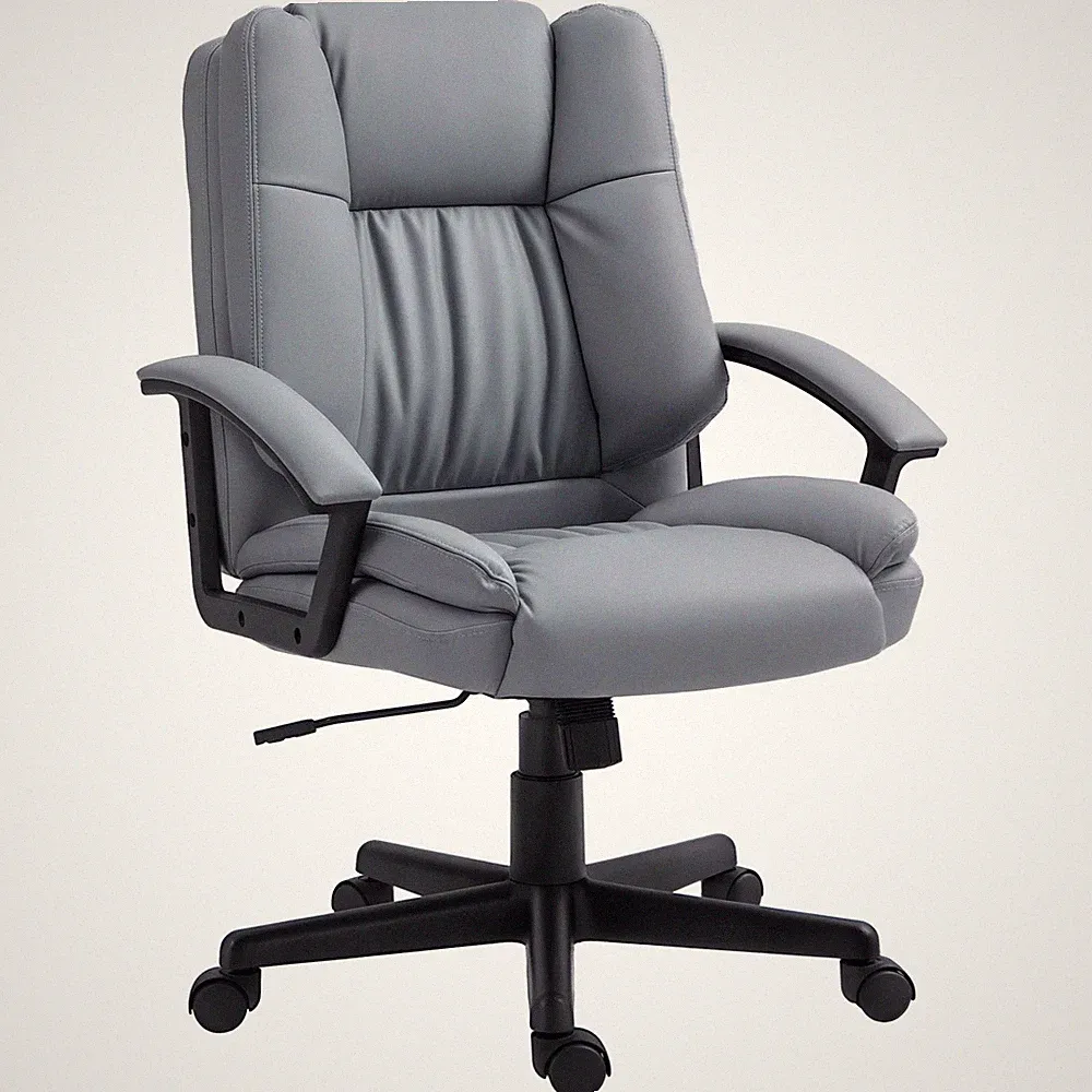 HOMCOM Faux Leather Home Office Chair Mid Back Desk Chair with Arms Light Grey