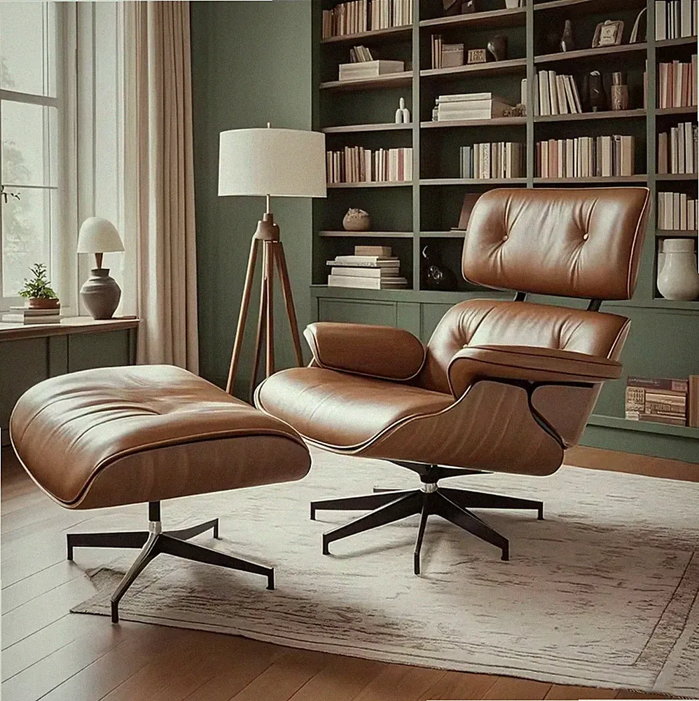 Leather Mid Century Chaise Lounge Chair and Ottoman, Modern Chair