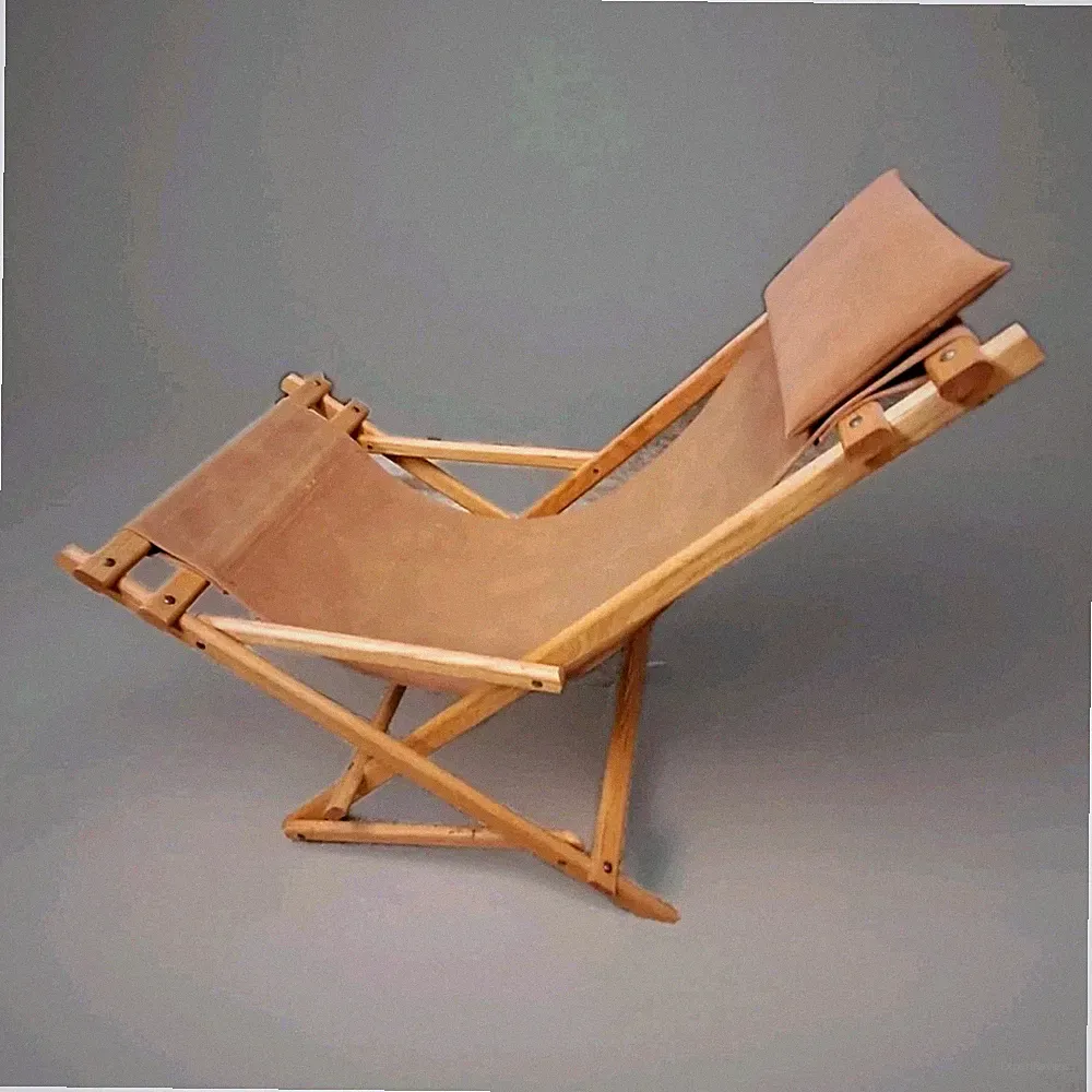 MCM Vintage Beach Deck Sling Chair Rocker Wood Canvas Faux Leather Camel Folding