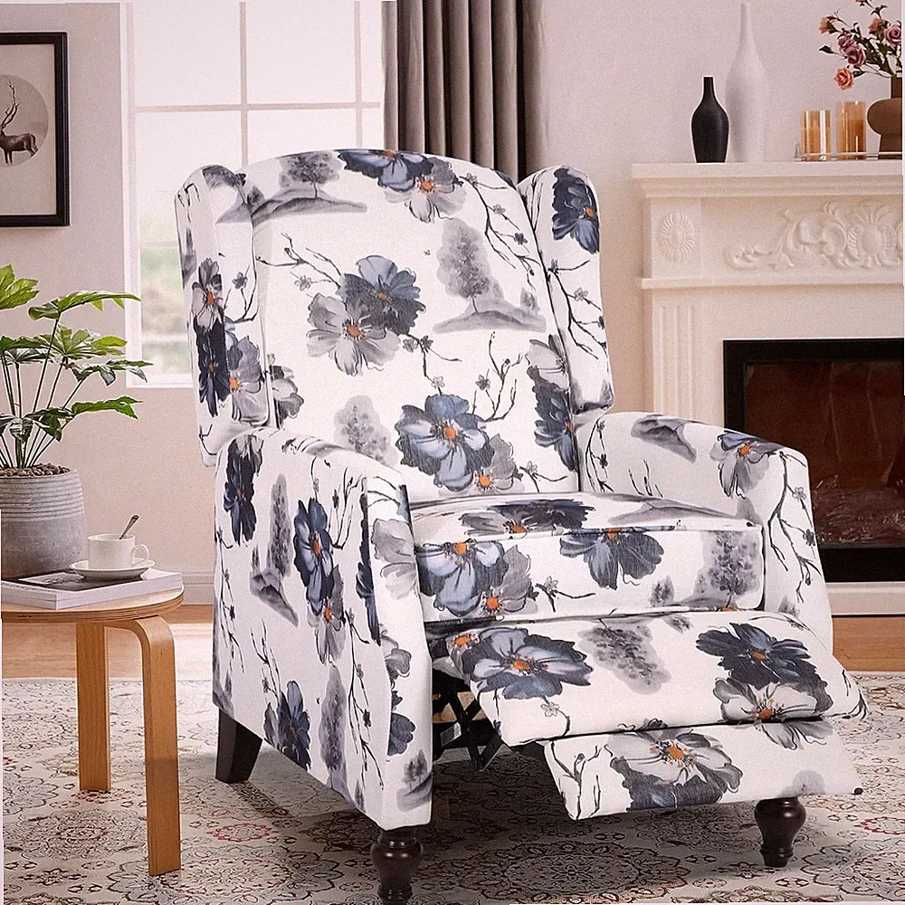 Mid Century Blue Floral Wingback Recliner Chair for Living Room & Bedroom