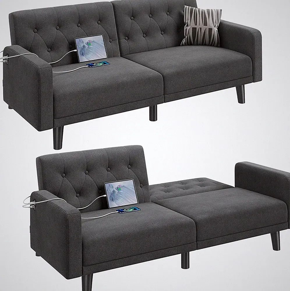 Mid Century Modern 63" Convertible Couch with USB & Reclining Backrest