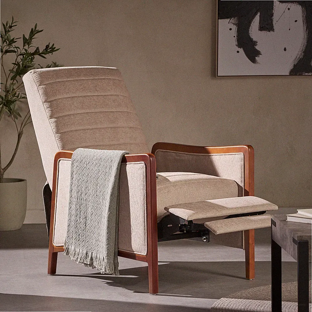 Mid Century Modern Fabric Channel Stitch Wood Pushback Recliner
