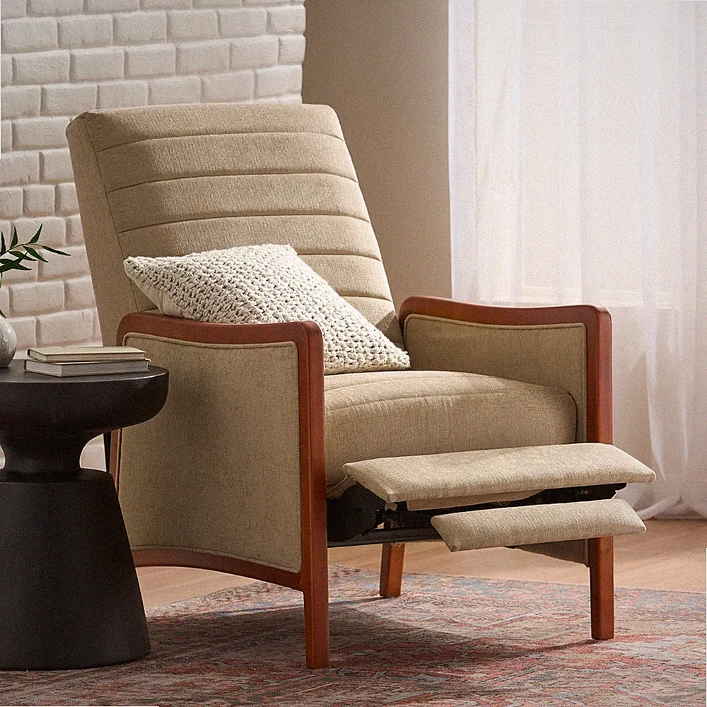 Mid Century Modern Fabric Channel Wood Pushback Recliner