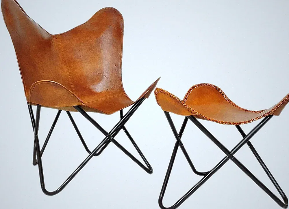Mid Century Modern Leather Butterfly Chair & Footstool Set - Retro Lounge P