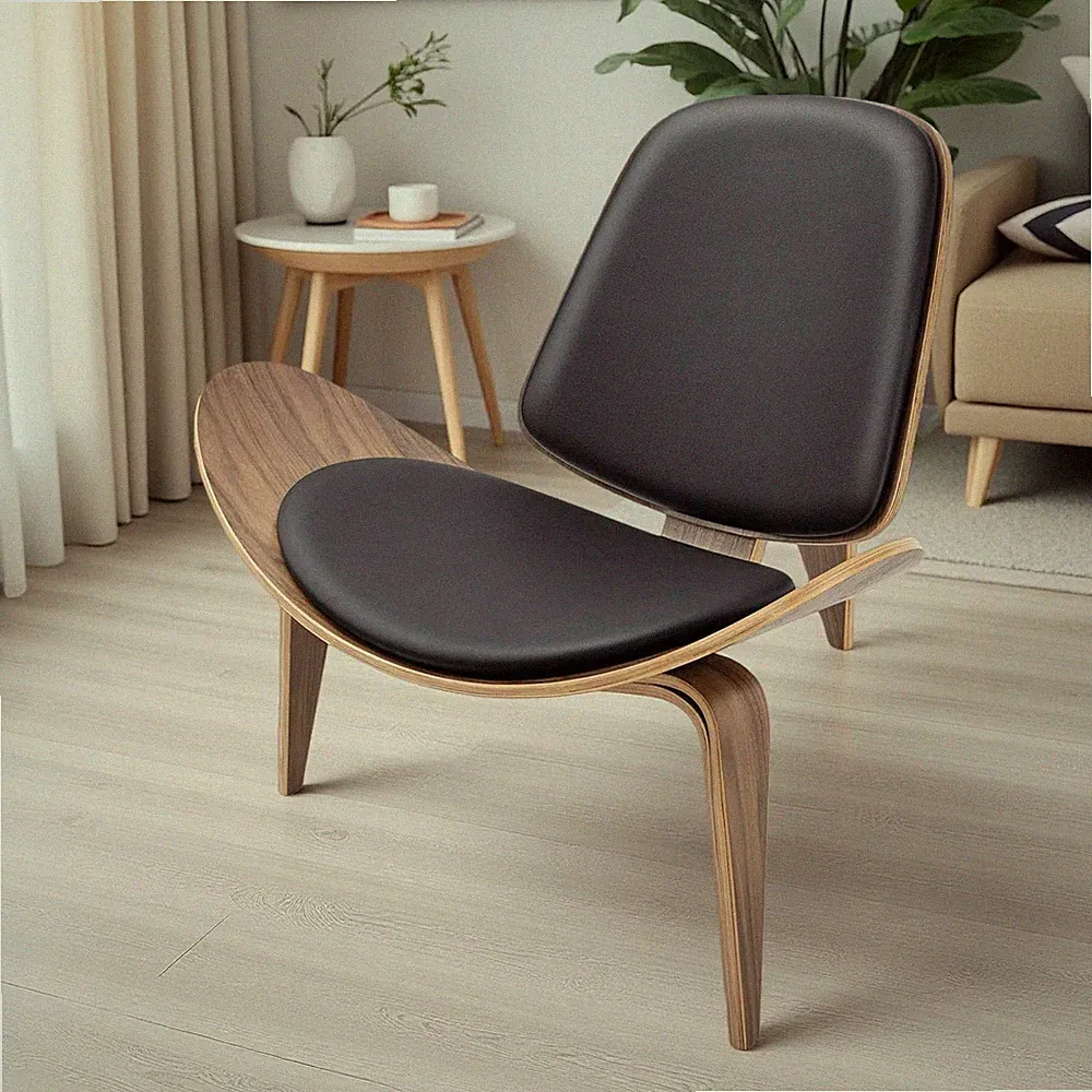 Mid Century Modern Lounge Shell Chair Armchair Accent Chair Leather Cushion Solid Wood