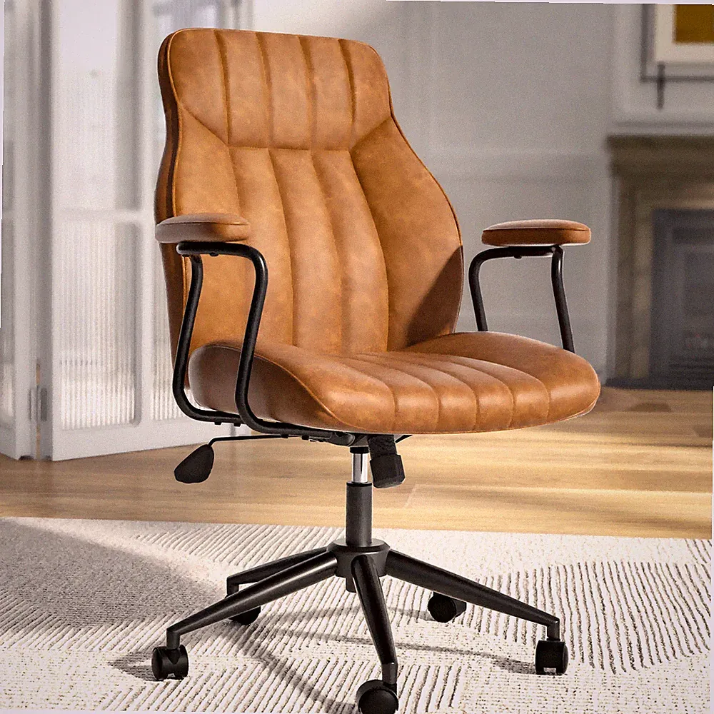 Mid Century Modern Office Chair PU Reclining Ergonomic Desk Chair Rolling Brown