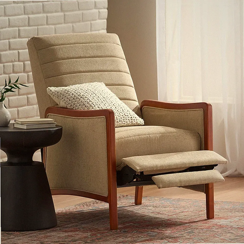 Mid-Century Modern Push Back Recliner Chair with Footrest - Beige