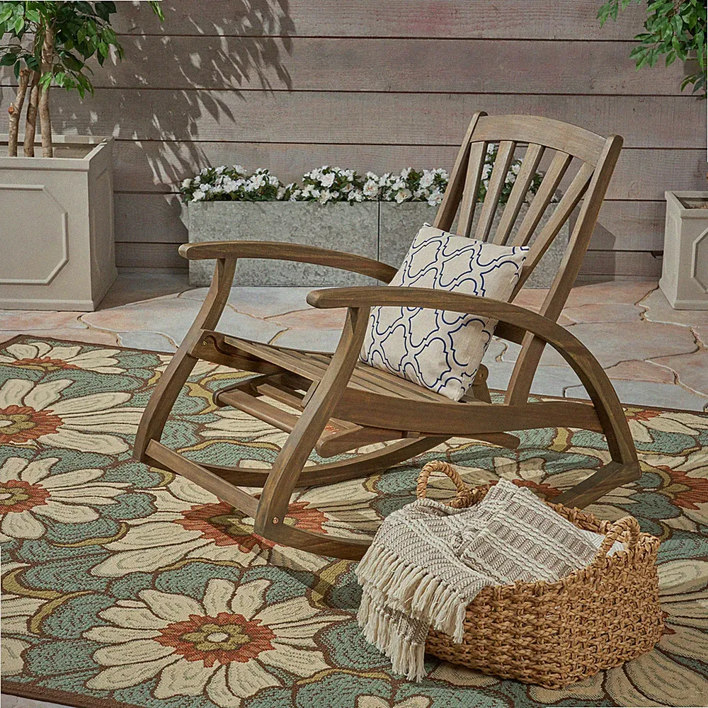 Mid Century Outdoor Chair Wood Rocking Chair Reclining Armchair W/ Footrest Gray