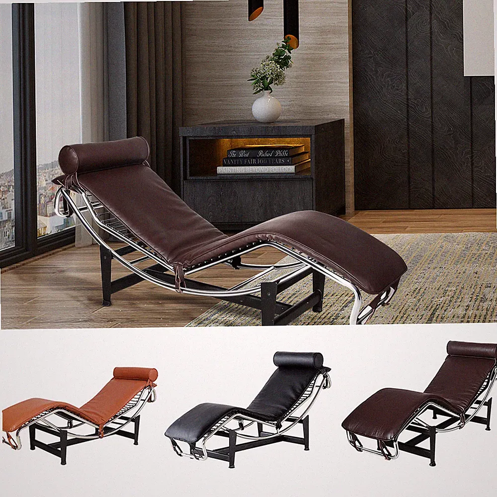 Premium Chaise Lounge Chair Genuine Leather Recliner Mid-Century Modern