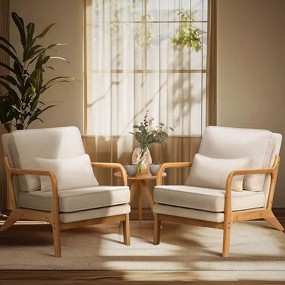 Set of 2 Mid Century Modern Accent Chairs with Lumbar Pillows - Beige
