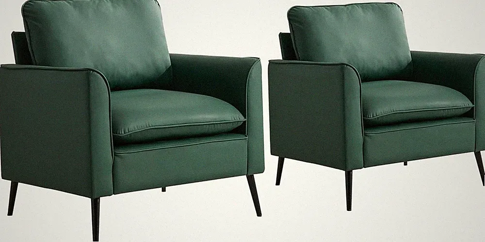 Stylish Green Leather Accent Chairs, Set of 2, Mid Century Design