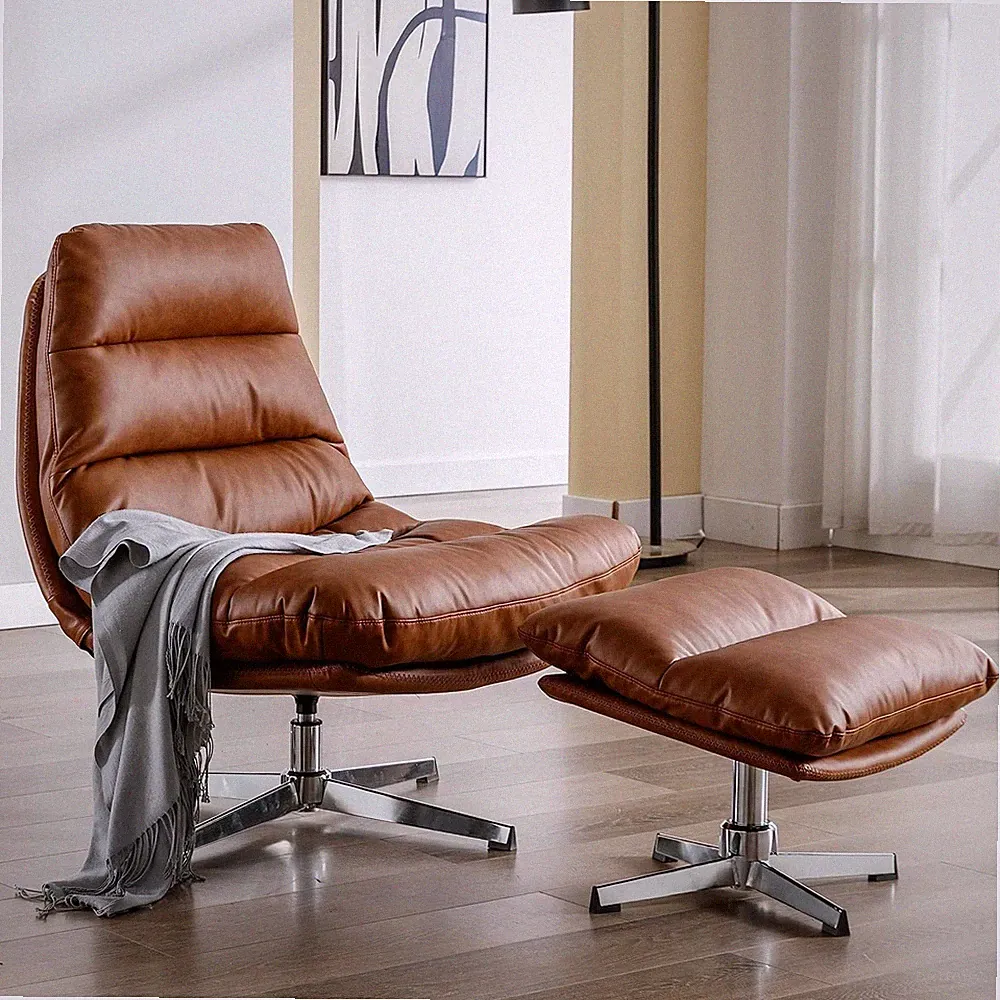 Swivel Accent Chair with Ottoman, Mid Century Modern Faux Leather Lounge Chair w