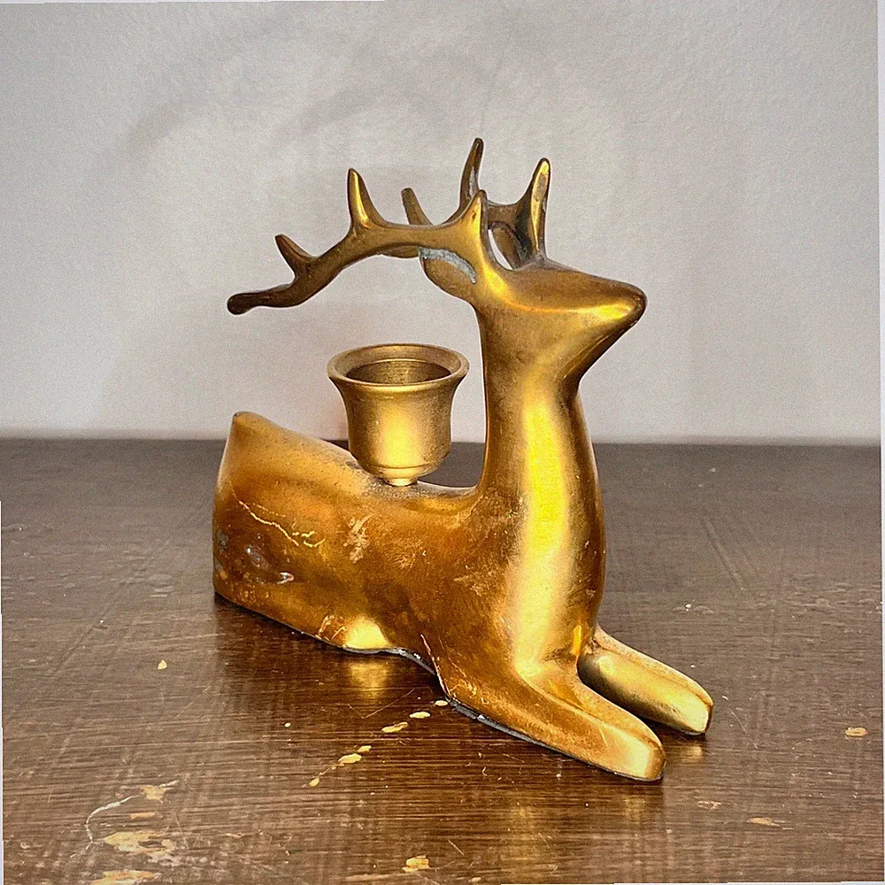 Vintage Brass Reclining Reindeer Taper Candle Holder Mid Century Modern Stag MCM