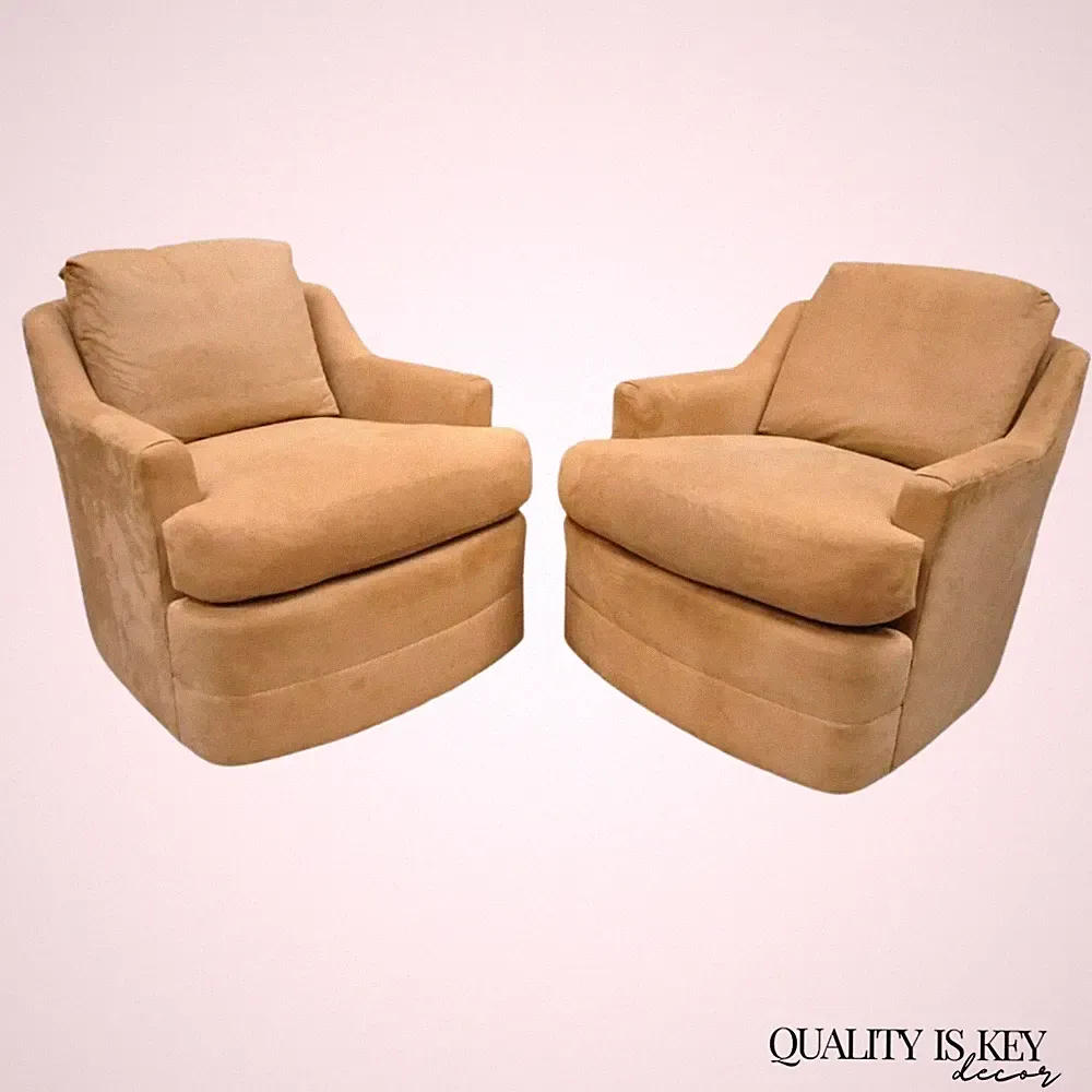 Vintage Mid Century Modern Brown Upholstered Swivel Lounge Club Chairs - a Pair