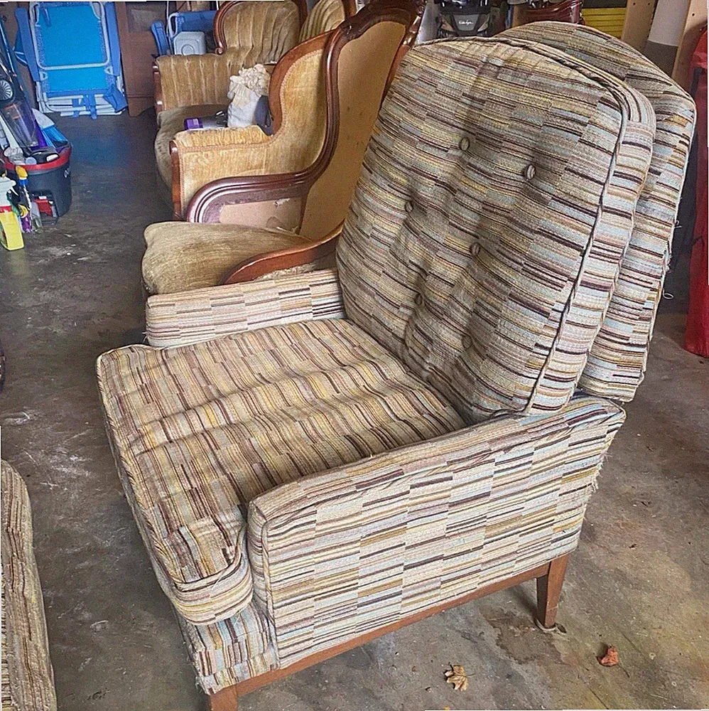 Vintage Mid-Century Modern Recliner Chair with Ottoman – Retro Striped Fabric