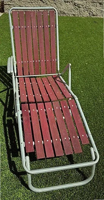 Vtg MCM Mid Century Modern Folding Aluminum Slat Wood Lawn Chair Chaise Lounge