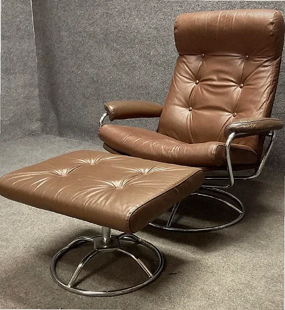 VTG Plycraft Model 11PL Swivel Lounge Chair & Ottoman 1987 Chrome MCM Tufted